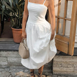 Loose Sleeveless Pleated Solid Color Split-Joint Spaghetti-Neck Midi Dresses