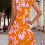 A-Line High Waisted Falbala Printed Split-Joint Tied Tiered V-Neck Mini Dresses