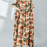 Half Sleeves Loose Pleated Printed Split-Joint Round-Neck Midi Dresses