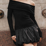 High Waisted Long Sleeves Contrast Color Pleated Split-Joint Off-The-Shoulder Mini Dresses
