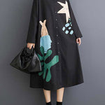 A-Line Long Sleeves Buttoned Pockets Printed Split-Joint Lapel Midi Dresses Shirt Dress