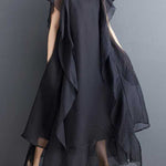 Loose Ruffle Sleeves Falbala Ruffled Solid Color Round-neck Midi Dresses