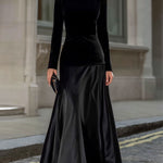 Black Velvet & Satin Long-Sleeve A-Line Evening Gown