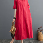A-Line Loose Chinese Frog Buttons Pockets Solid Color Split-Side V-Neck Midi Dresses
