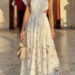 Sevilla Sun Embroidery Crochet Flowers Cutout Waist Halter Backless Maxi Dress