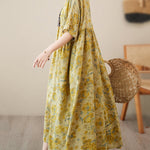 Loose Raglan Sleeve Floral Printed Pleated Split-Joint Round-Neck Midi Dresses