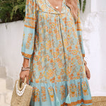 A-Line Loose Contrast Color Drawstring Flower Print Pleated Split-Joint V-Neck Mini Dresses
