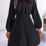 Long Sleeves Loose Pleated Solid Color Tied Mock Neck Mini Dresses