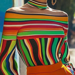 Long Sleeves Loose Contrast Color Striped Halter-Neck T-Shirts Tops