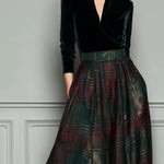 Elegant High Waist Velvet And Plaid Evening Gown With Full Skirt