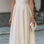 Ruffled Neckline Cap-Sleeve A-Line Midi Dress