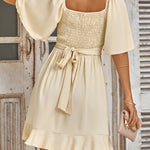 Flared Sleeves Half Sleeves Elasticity Ruffled Solid Color Split-Joint Tied Waist V-Neck Mini Dresses