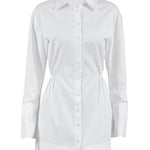 High Waisted Long Sleeves Buttoned Pleated Solid Color Lapel Mini Dresses Shirt Dress