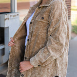 Khaki Vintage Distressed Mineral Wash Oversized Shacket