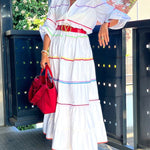 A-Line Long Sleeves Buttoned Contrast Color Elasticity Mock Neck Maxi Dresses