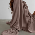 A-Line Flared Sleeves Buttoned Elasticity Pleated Solid Color Tied Zipper Stand Collar Mini Dresses