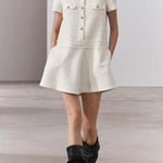 1960s London Girl Tweed Textured Gold Button Short Sleeve Pocketed Mini Dress