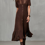 Quiet Luxury Chocolate Brown Crochet Knit Shirt Dress