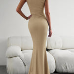 Bodycon Sleeveless Pleated Solid Color Split-Joint Split-Side Round-Neck Maxi Dresses
