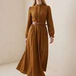 A-Line Elasticated Waist Belted Buttoned Contrast Color Pleated Split-Joint Stand Collar Maxi Dresses Shirt Dress