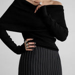 Long Sleeves Loose Solid Color Off-The-Shoulder Pullovers Sweater Tops