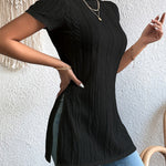 Short Sleeves Pleated Solid Color Split-Joint Split-Side Round-Neck T-Shirts