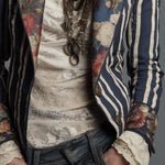 Bohemian Floral Print Cotton And Linen Striped Blazer