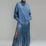 Ursime Daily Blue High Collar Lantern Sleeve Long Sleeve Strappy Western Pocket Denim Midi Dresses [Pre-Order]