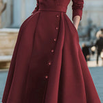 A-Line High Waisted Buttoned Pockets Solid Color Split-Joint Stand Collar Midi Dresses