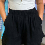 Elastic Waist Wide Leg Ruffle Cotton Linen Shorts
