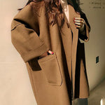 Long Sleeves Loose Buttoned Pockets Solid Color Split-Joint Notched Collar Woolen Coat