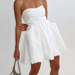 A-Line High Waisted Elasticity Pleated Pockets Solid Color Tube Mini Dresses