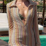Handmade crocheted hollow low-cut V-neck slit long dress
