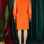 Puff Sleeves Beads Mesh Solid Color Split-Joint Round-neck Midi Dresses