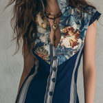 Retro Floral Print Striped Stand-collar Mini Dress