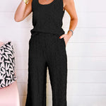 Yellow Crinkled U Neck Tank and Wide Leg Pants Set