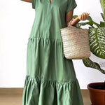A-Line Loose Pleated Solid Color Split-Joint V-Neck Maxi Dresses