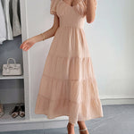 A-Line Loose Backless Pleated Solid Color Tied V-Neck Midi Dresses
