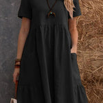Loose Pocket Solid Color Round Neck Short Sleeve Dress