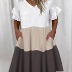 A-Line High Waisted Contrast Color Pleated Pockets Printed Split-Joint V-Neck Midi Dresses