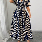 Elasticated Waist High Waisted Contrast Color Geometric Printed Split-Joint V-Neck Maxi Dresses