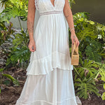 OFF WHITE MAXI DRESS WITH LACE TOP AND BACK BOW