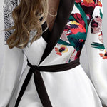 High Waisted Long Sleeves Contrast Color Flower Print Split-Joint Tied Waist V-Neck Mini Dresses