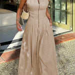 A-Line Loose Pleated Pockets Split-Joint Zipper Round-Neck Maxi Dresses