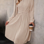 Long Sleeves Loose Pleated Solid Color Split-Joint Tied Waist Round-Neck Midi Dresses