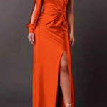 One-shoulder satin twisted high-slit maxi dress
