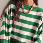 Striped Print Crew Neck Long Sleeve Loose Knitted Sweater