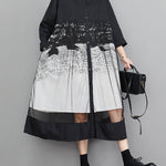 A-Line Long Sleeves Buttoned Gauze Printed Split-Joint Lapel Midi Dresses