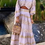 Mustard Yellow Printed Horizontal Long Sleeve Cropped Top