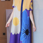 A-Line Loose Buttoned Flower Print Pleated Round-Neck Midi Dresses